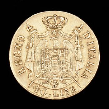 GULDMYNT, lägst 20k guld, 40 lire, Napoleanska Kejsardömet, Italien, 1808. Totalvikt 12,9g.