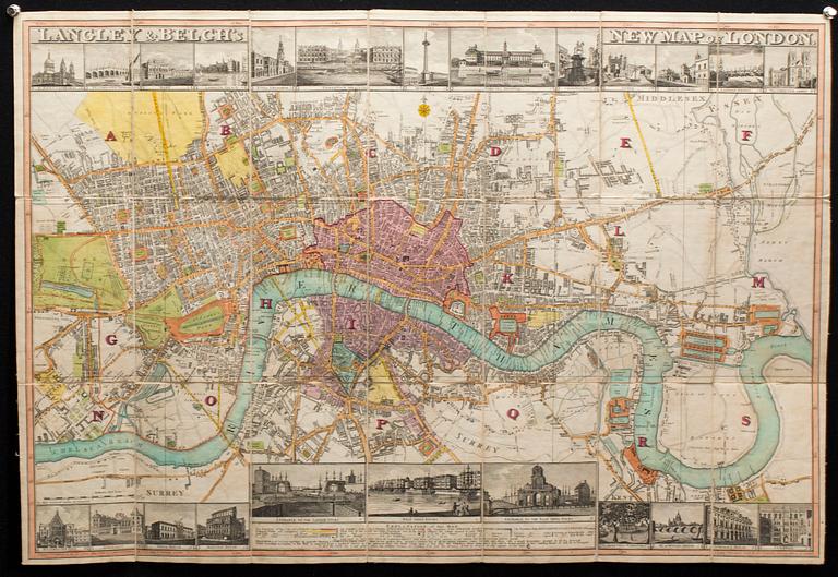 KARTA I FODRAL, "NEW MAP OF LONDON" Langley & Belch´s. 1800-talets första  hälft.
