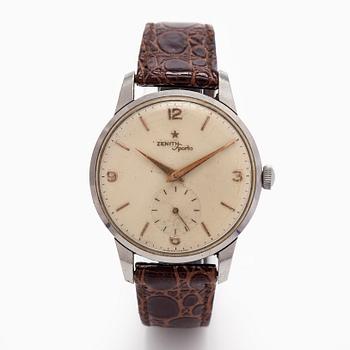 Zenith, Sporto, Oversize, wristwatch, 37 mm, steel, manual, plastic crystal, 1950s.