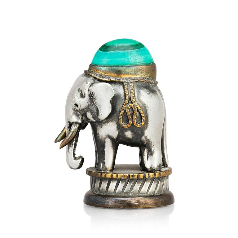 Estrid Ericson, attributed to, a pewter seal in the shape of an elephant with a cabochon cut malachite, Svenskt Tenn Sweden.