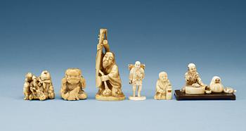 1363. A set of six Japanese ivory and horn okimonos, Meiji period, ca 1900.