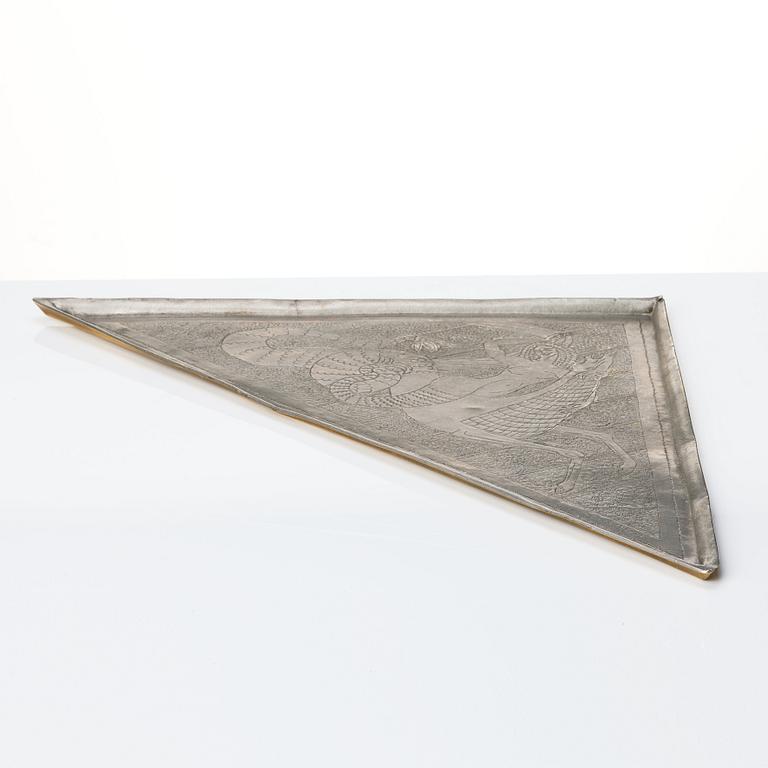 Anna Petrus, a Swedish Grace triangular engraved pewter plated copper tray, executed in her own workshop, Sweden ca 1924.