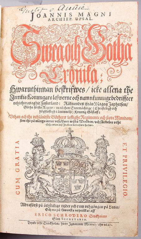 BOK, "Swea och Götha Krönika" av Johannis Magni, Stockholm 1620.