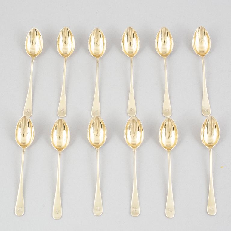 Twelve silver gilt coffee spoons, GAB, Stockholm, 1927.