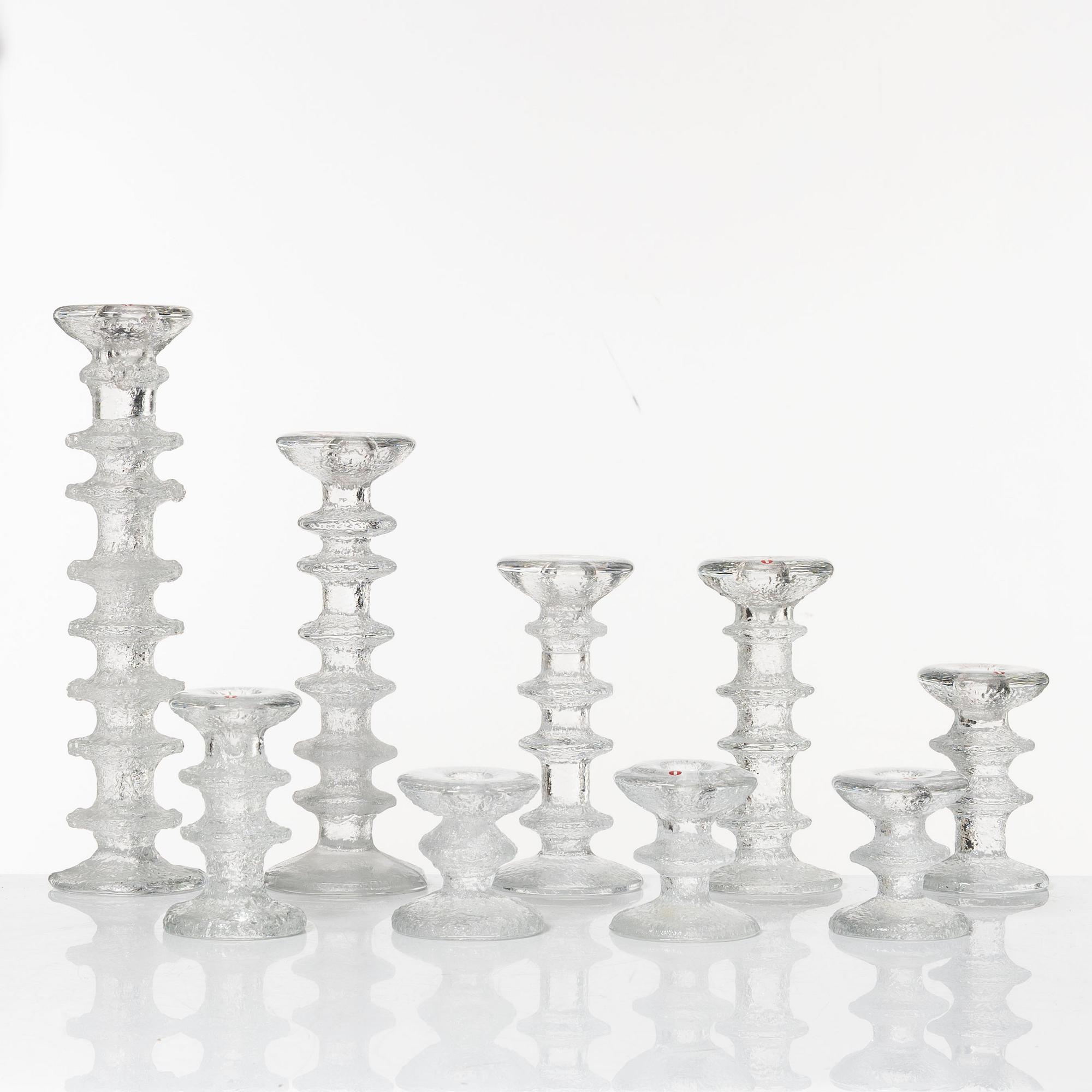 Timo Sarpaneva, a set of nine glass candleholders, "Festivo", Iittala.