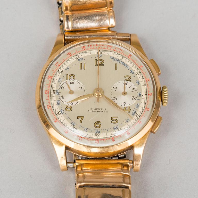 ARMBANDUR, herr, chronograph, Swiss, 17 jewels, antimagnetic. 18k guld.