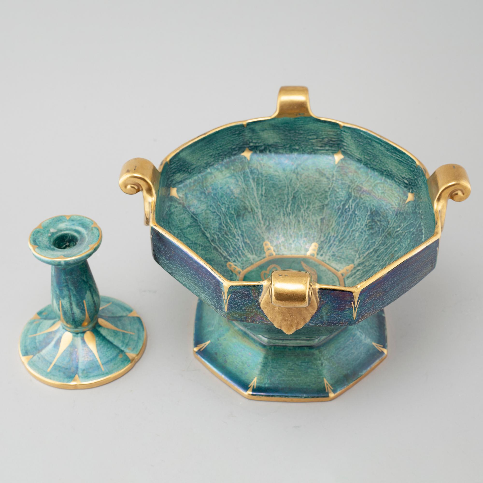 JOSEF EKBERG, an earthenware bowl and a candle holde from Gustavsberg.