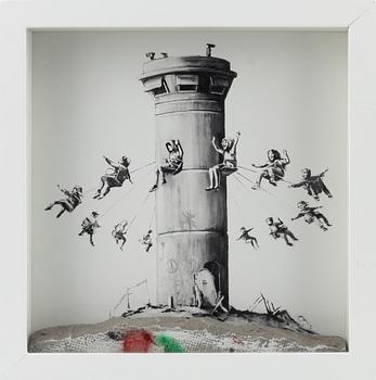 Banksy, digitalt tryck och målad betong i ram.