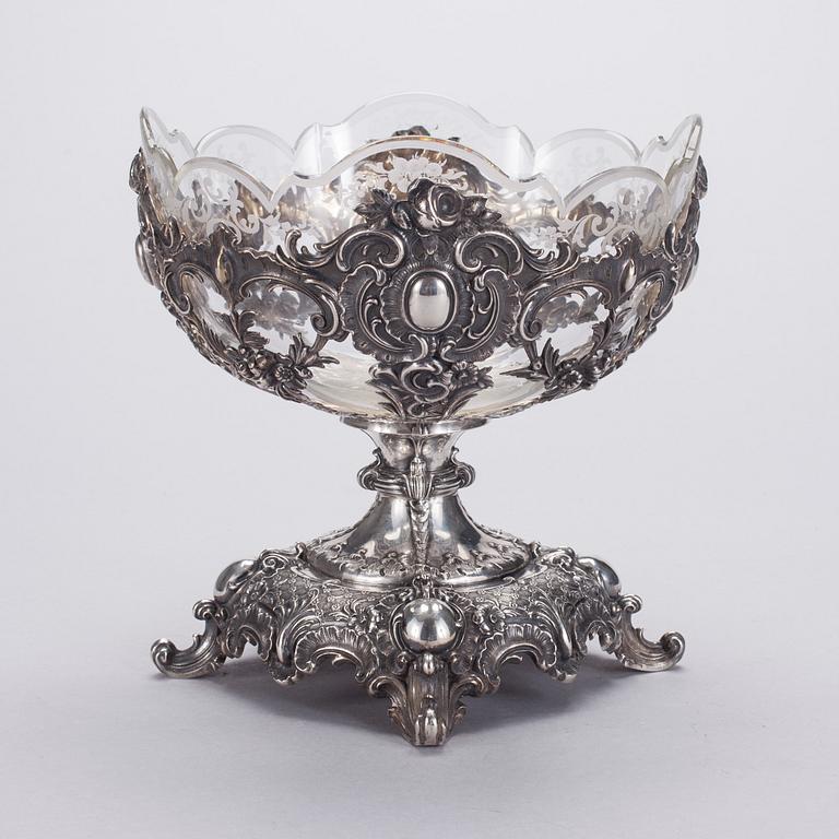 UPPSATSSKÅL, silver och glas, rokokostil, Schurmann Frankfurt 1800-talets slut.