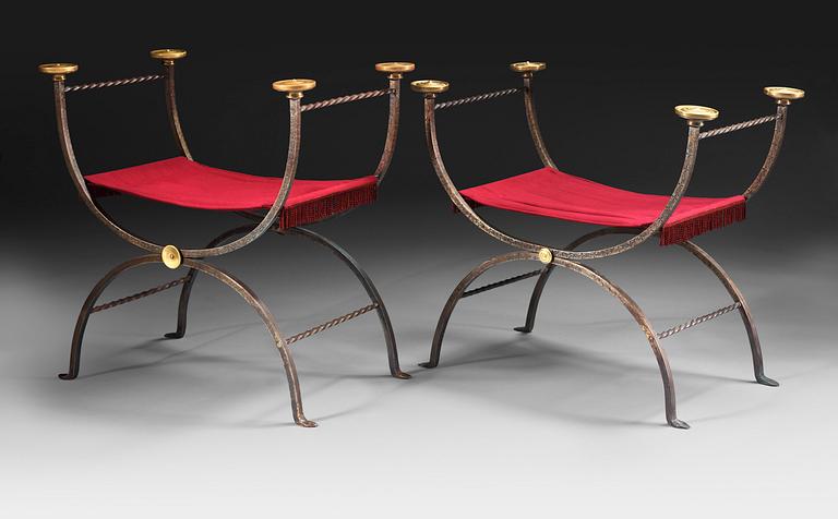 Two Carl Hörvik iron and brass stools, Sweden ca 1924-25.