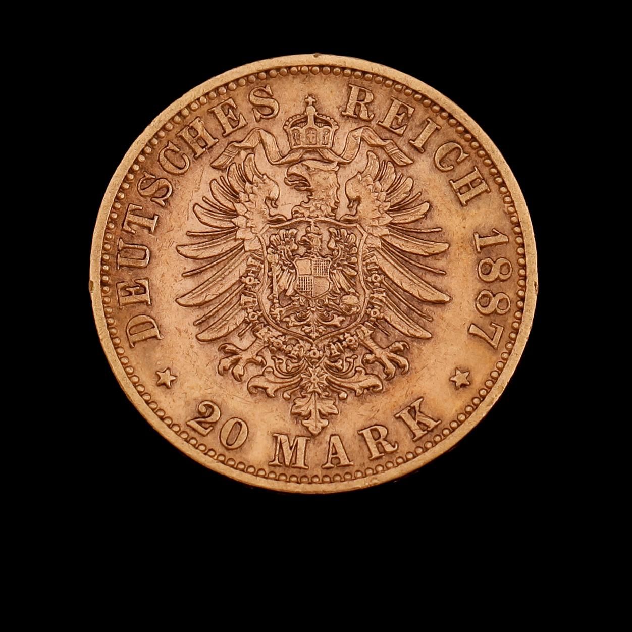 GULDMYNT, 20 mark, Kaiser Wilhelm, Preussen, 1887. Vikt ca 8 gram.