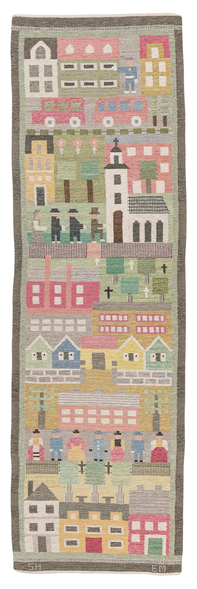 Edna Martin, a flat weave runner, c. 335 x 104 cm signed SH EM.