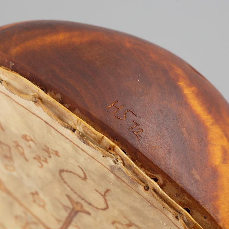 A Sami ceremonial birch and reindeer horn drum, signed HS and dated 72.