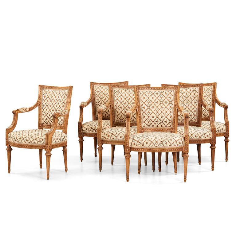 Six Gustavian late 18th century armchairs by Johan Lindgren, master in Stockholm 1770-1800.