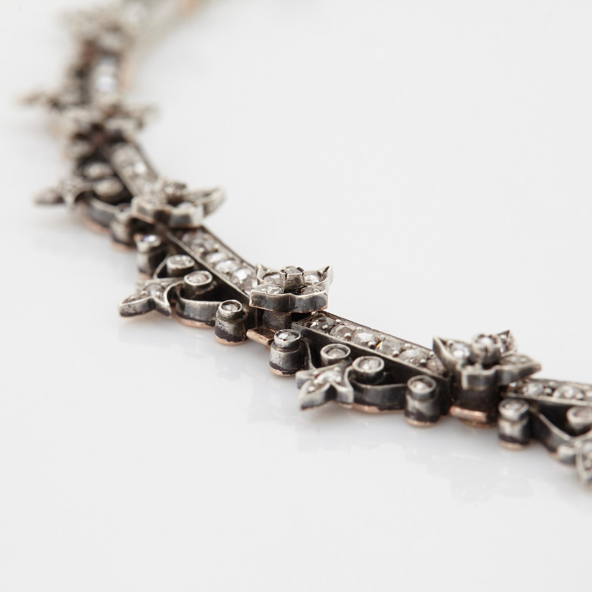 Collier 14K guld och silver med rosenslipade diamanter, 1800-tal.