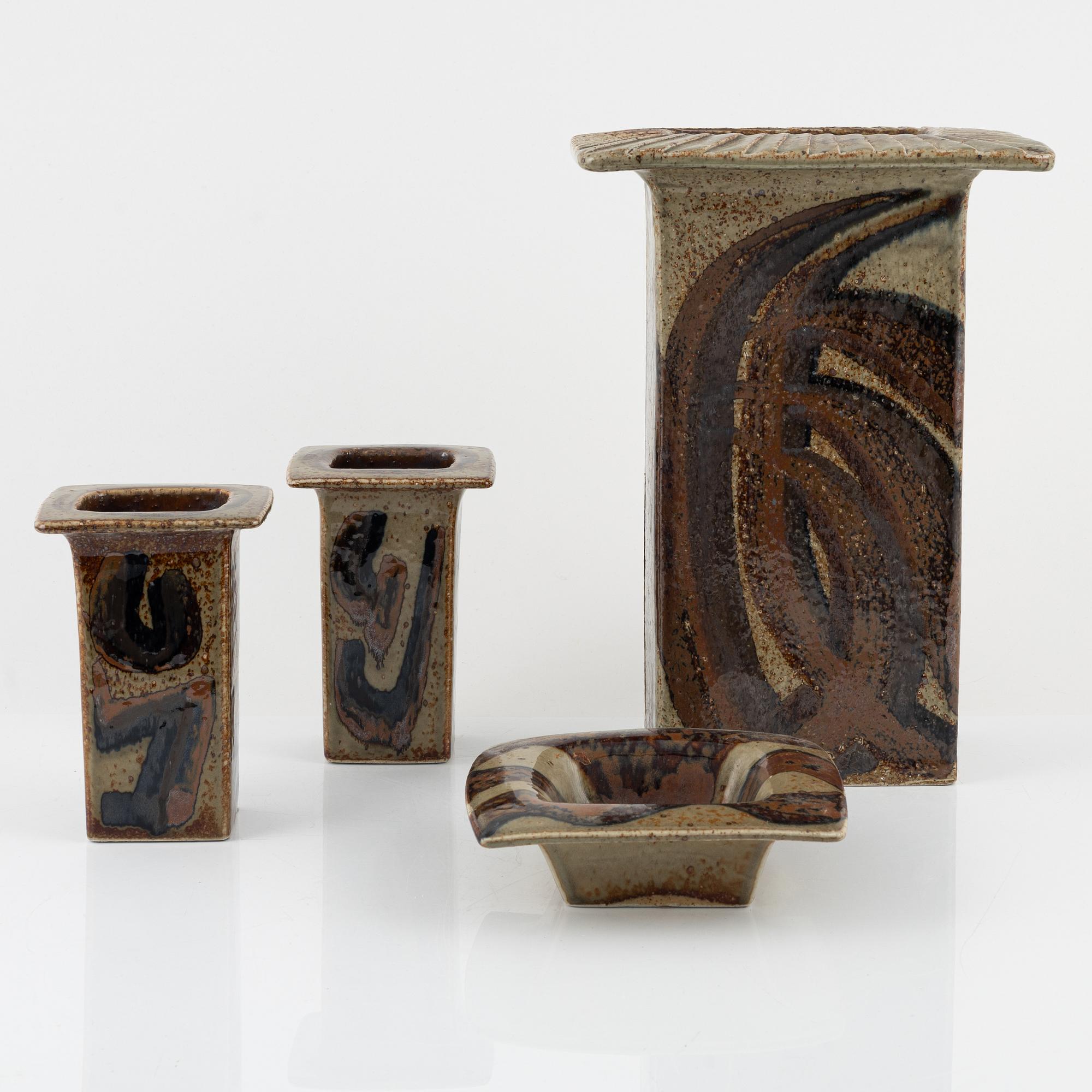 Bertil Lundgren, a group of three vases and a bowl / wall relief, Rörstrand.