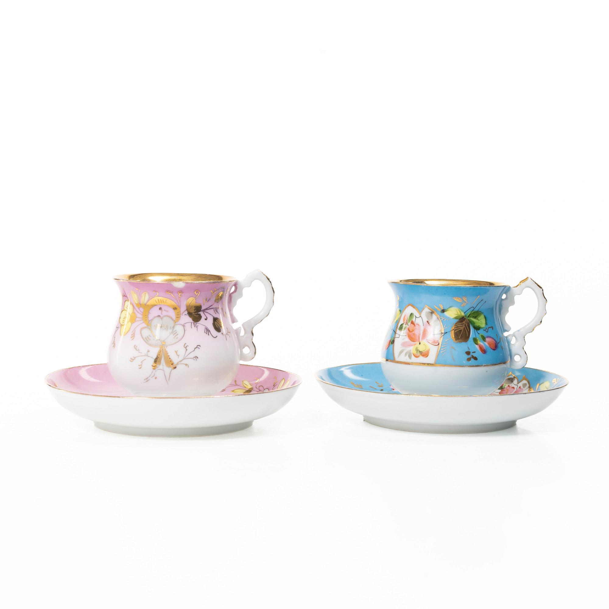 Ten porcelain cups and saucers, Kusnetsov Porcelain Factory, Russia, circa 1900.