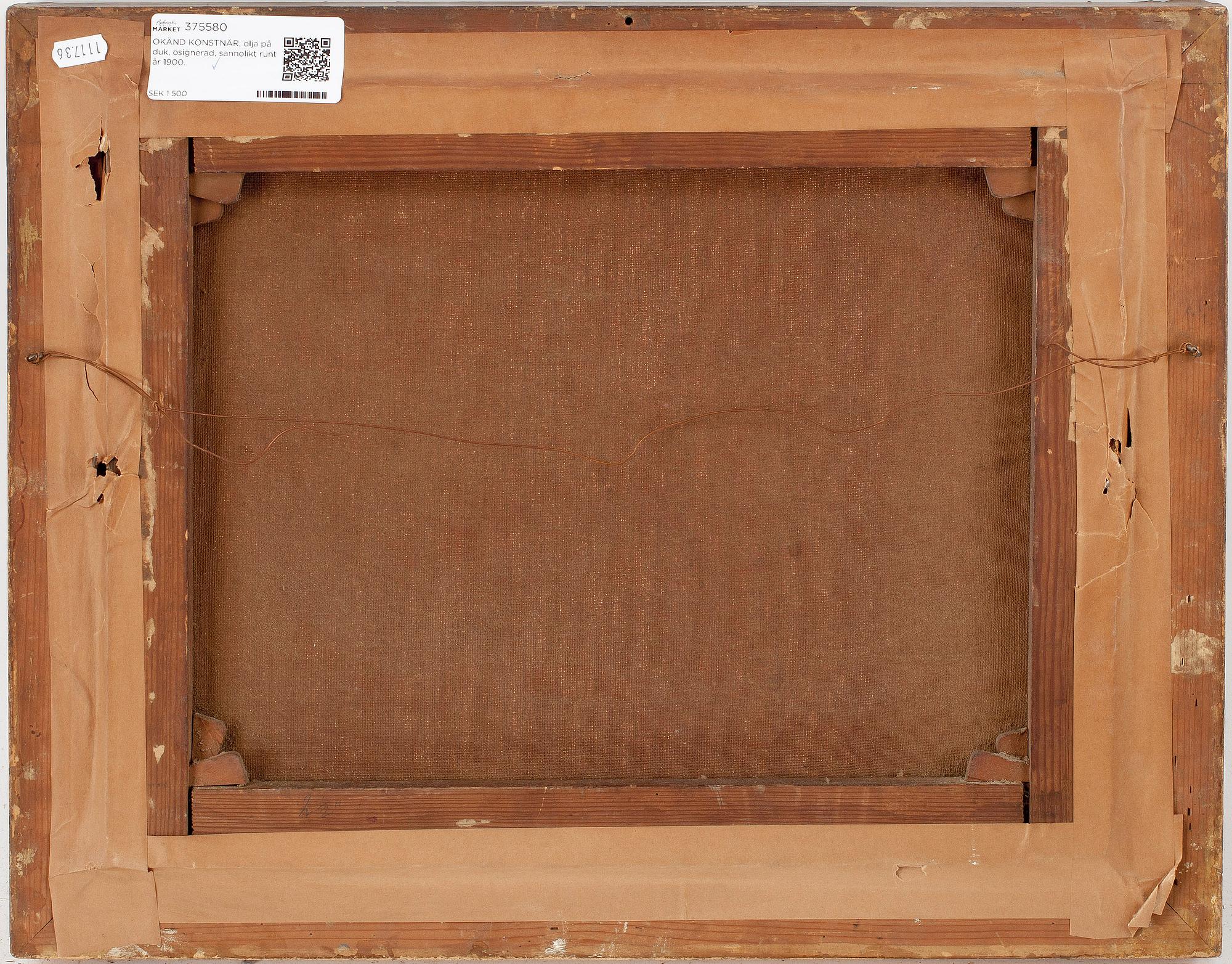 OKÄND KONSTNÄR, olja på duk, osignerad, sannolikt runt år 1900.