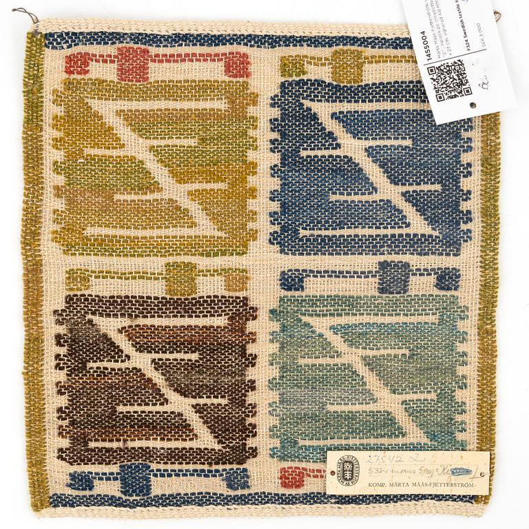 Märta Måås-Fjetterström, a textile, "Z.", flat weave, ca 29 x 27 cm, signerad AB MMF.