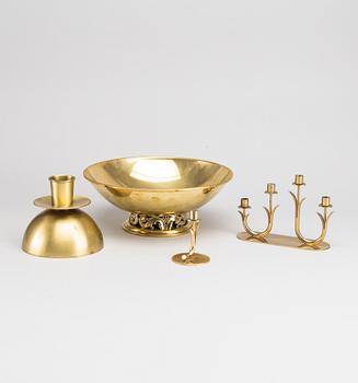 A mid 1950's Ysted Metall brass bowl and 3 candleholders-.