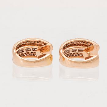 A pair of 18K rose gold earrings set with round brilliant-cut and princess-cut diamonds.