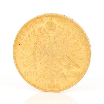 GULDMYNT, 100 Corona, Kejsarriket Österrike-Ungern, 1915. Vikt ca 33 gram.