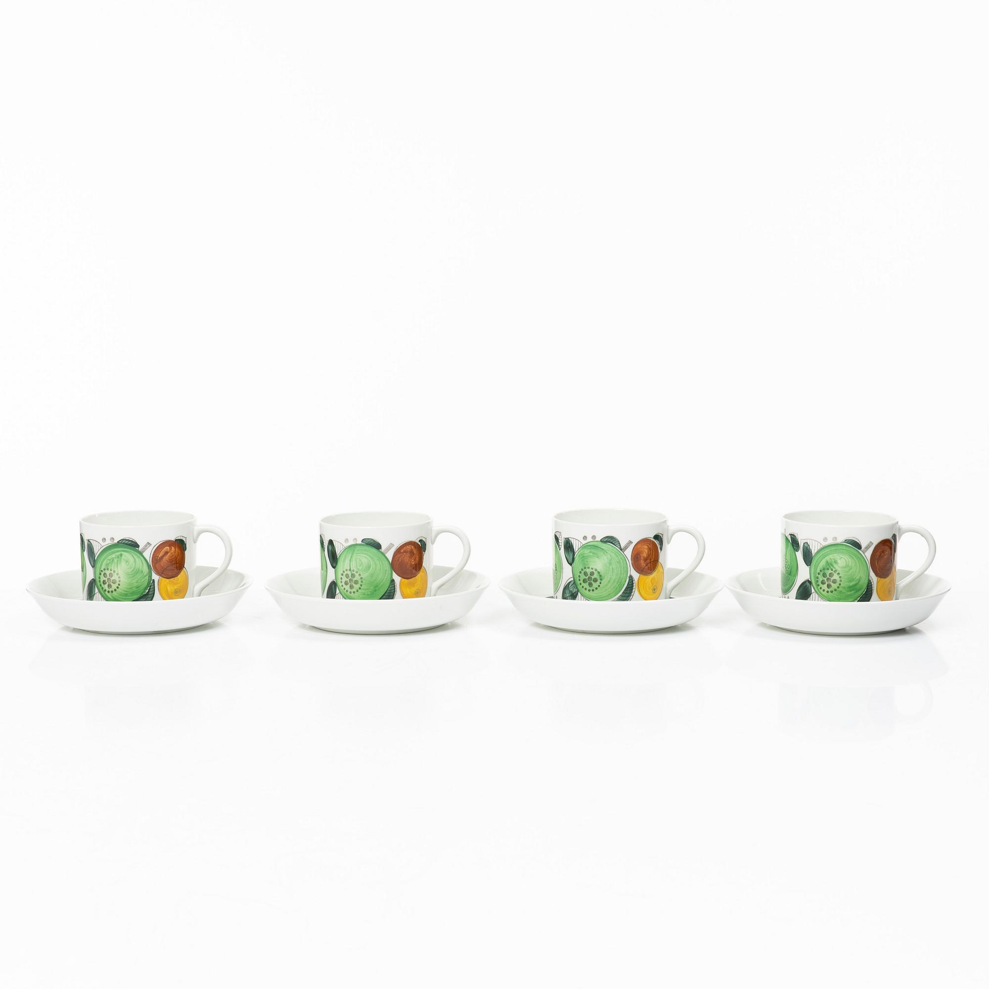 Hertha Bengtson, kaffekoppar med fat, 4 st, porslin, "Fructus", Rörstrand.