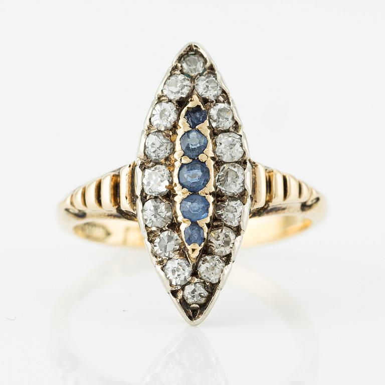 Ring, marquise-shaped, 18K gold with old-cut diamonds and sapphires.
