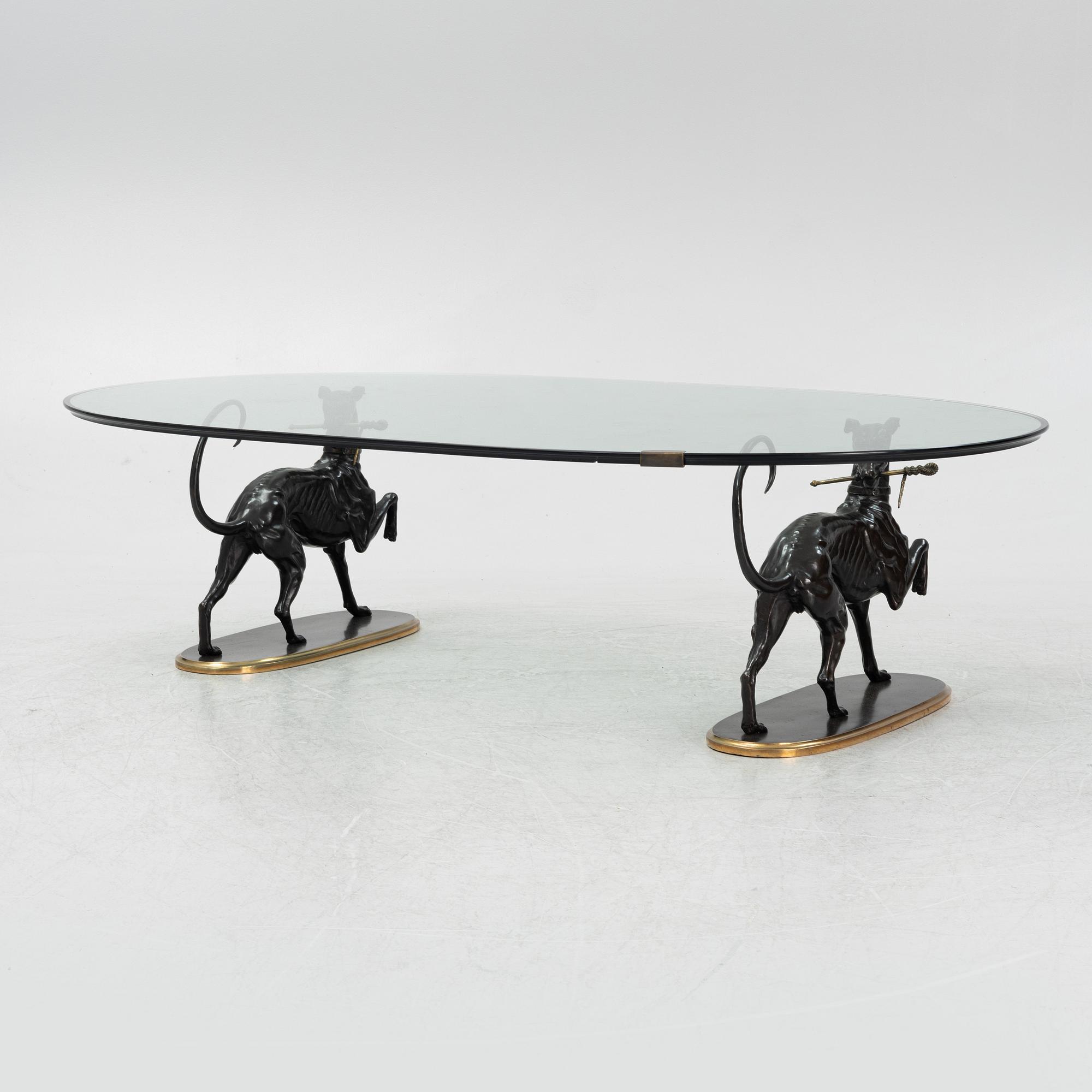 A glass and bronze coffee table, later part of the 20th century.