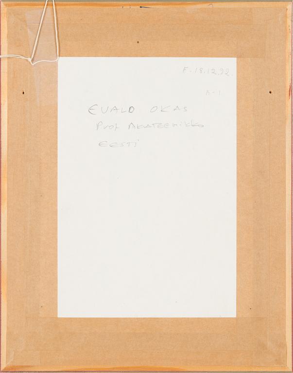 Evald Okas, sekatekniikka paperille, signeerattu ja päivätty 1991.