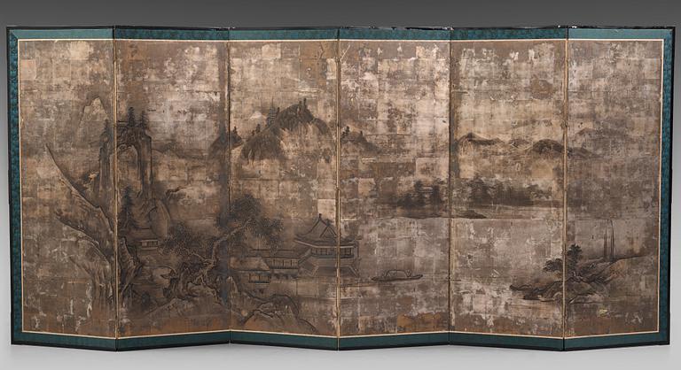 VIKSKÄRM, akvarell och tusch på papper. Japan, Meiji (1868-1912).