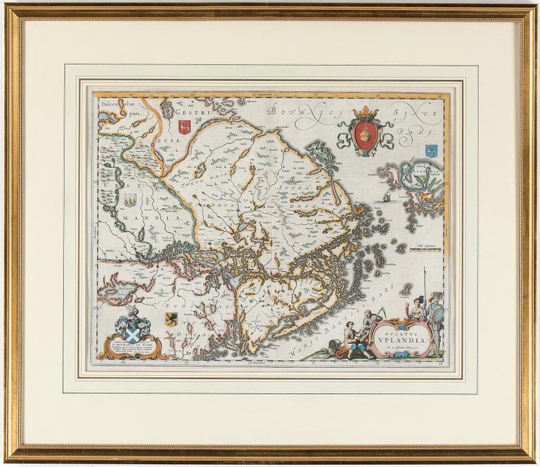 KARTA, kopparstick, delvis handkolorerad, Ducatus Uplandia, Johan et Cornelius Blaeu, efter, 1600-/1700-tal.