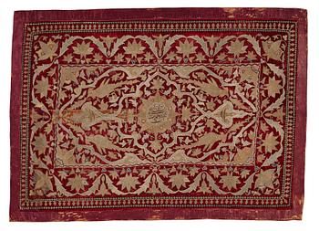 178. AN ANTIQUE VELVET EMBROIDERY, Persia/Iran, around 1700 - the middle of the 19th century, ca 100 x 142,5 cm (plus a 5 cm.