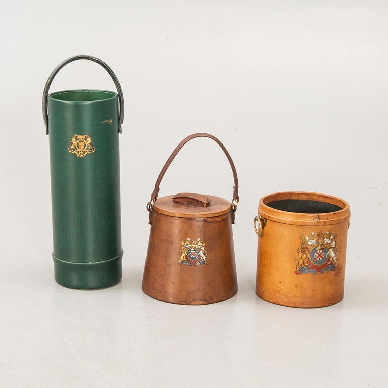 A set of three English leather waste paper basket, umbrella stand and an ice bucket, mid 1900s.