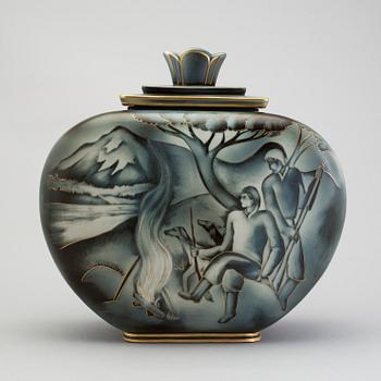 A flambé stoneware jar with cover by Gunnar Nylund for Rörstrand.