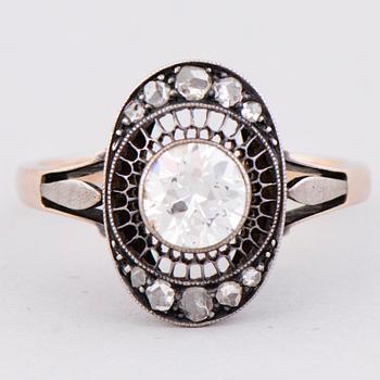 A RING, old cut diamond, rose cut diamonds, 14K (56) gold. Kiev.