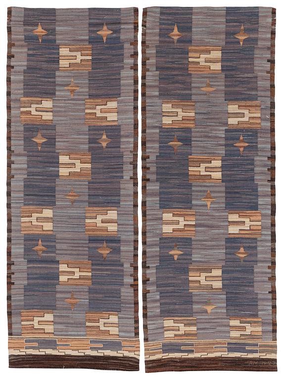 A pair flat weave  drapes, c. 232 x 84 cm each, signed JBV (Johanna Brunsson's weaving) and dated 1927.