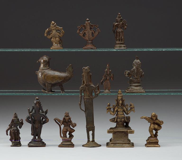 A collection of 12 bronze figurines of different Hindu deities, India, 18th/19th Century.