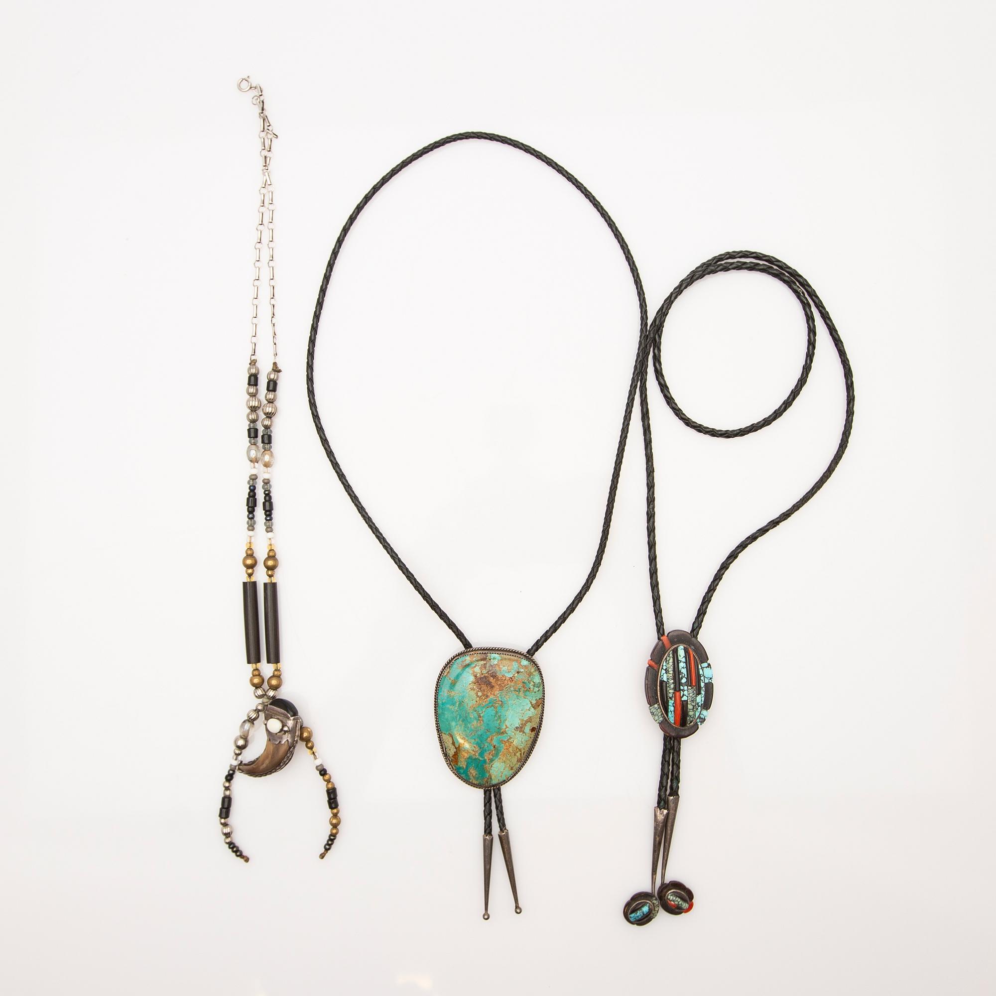 Cowboy ties, 2 pcs, sterling silver with turquoises and stones, and a necklace.