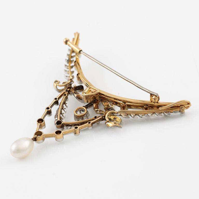 Brooch, gold and platinum, in the form of a bow and garlands with diamonds and a pearl.