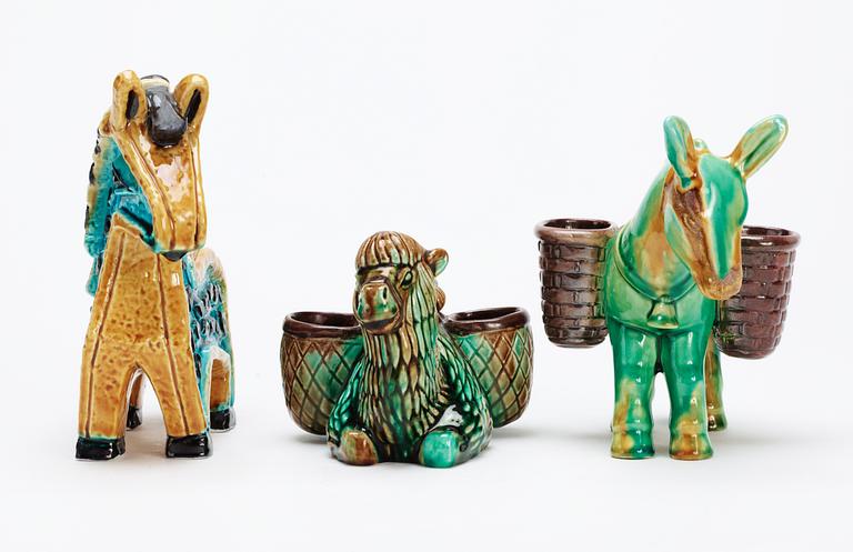 Three Gunnar Nylund stoneware figures, a horse, a donkey and a camel, Rörstrand.