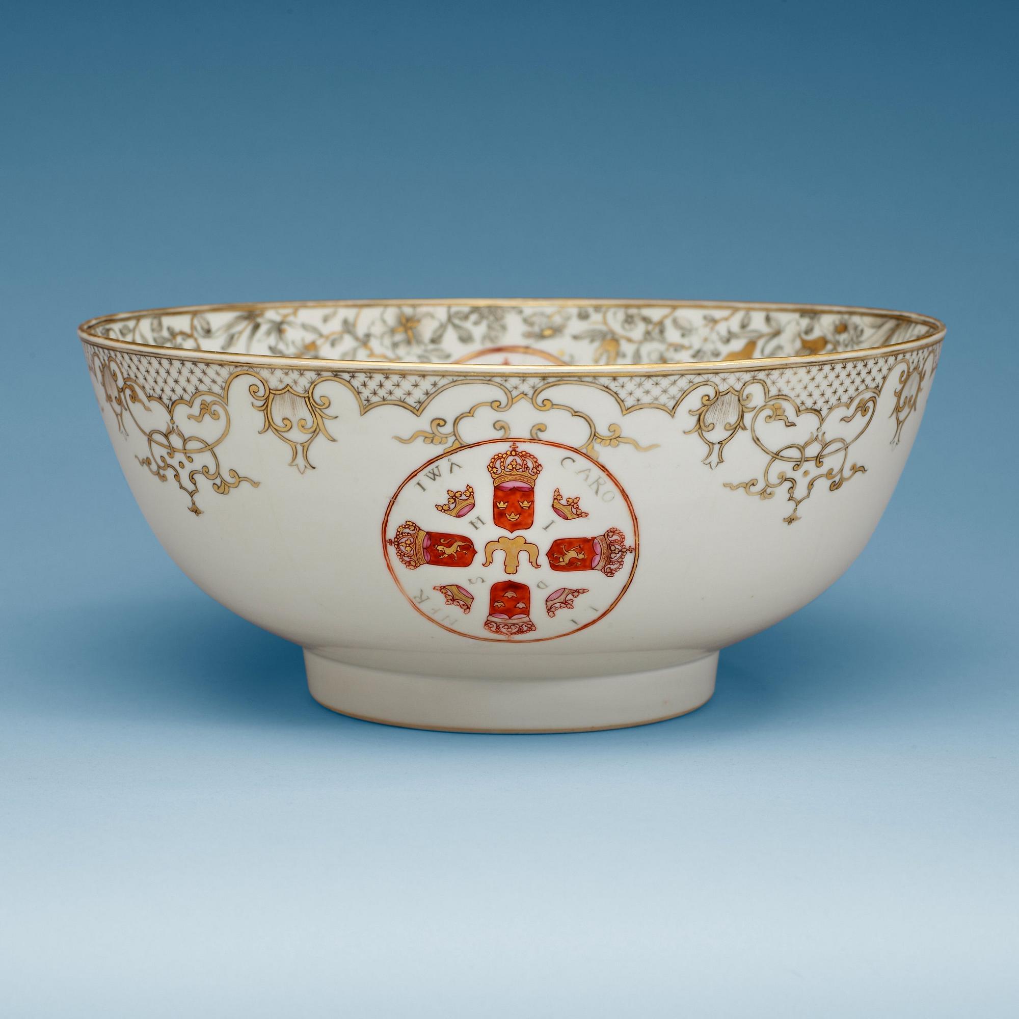 A rare grisaille armorial punch bowl, Qing dynasty, Yongzheng, 1730's.