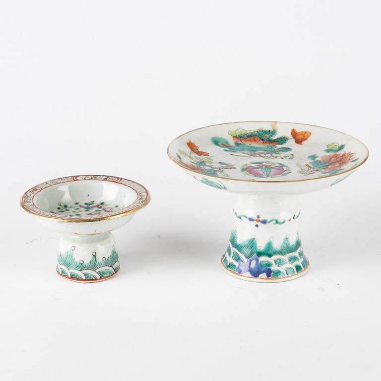 Two famille rose stemcups and a bowl, Qing dynasty, 19th century.