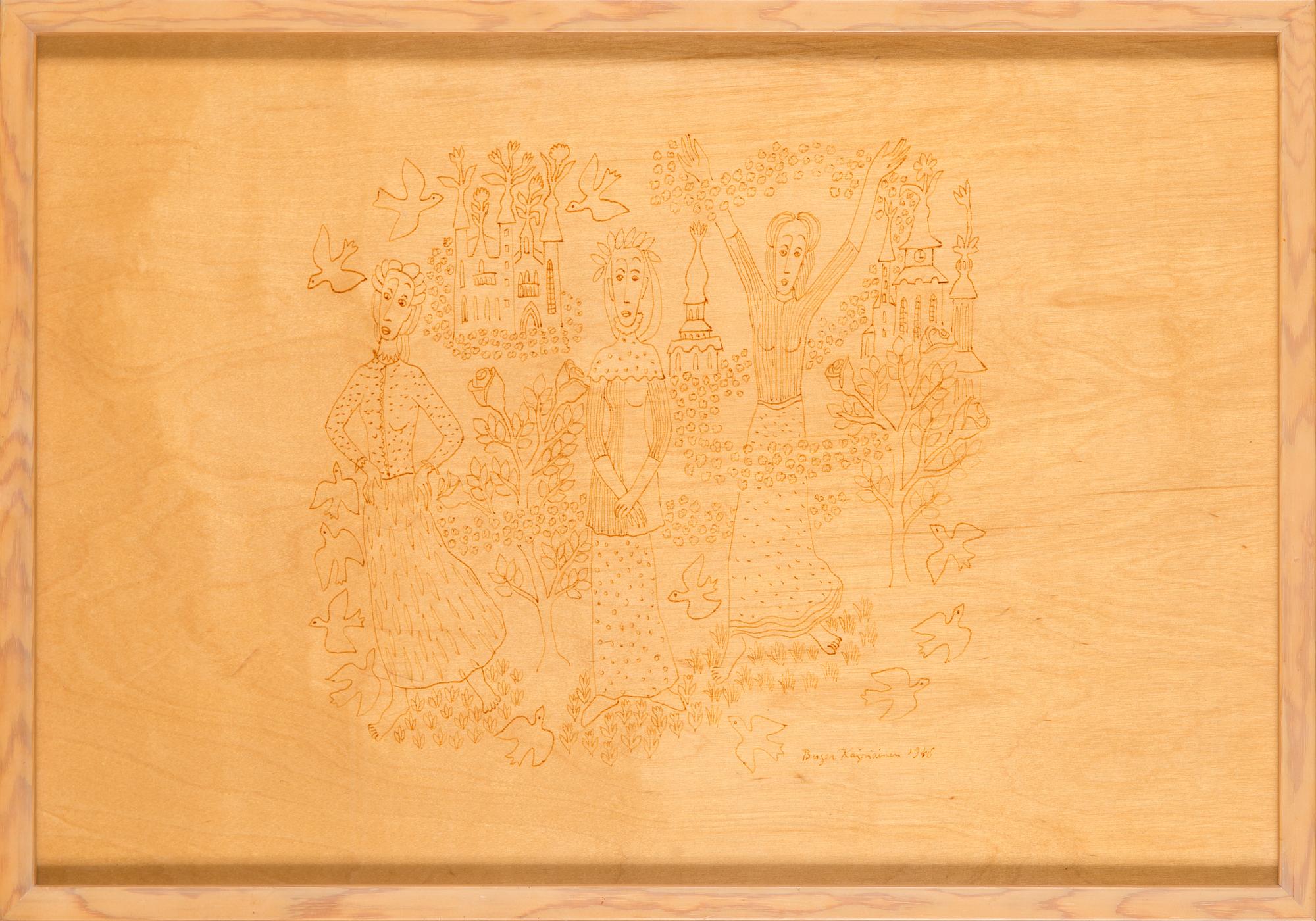 Birger Kaipiainen, teckning, tusch på plywood, signerad Birger Kaipiainen 1946.