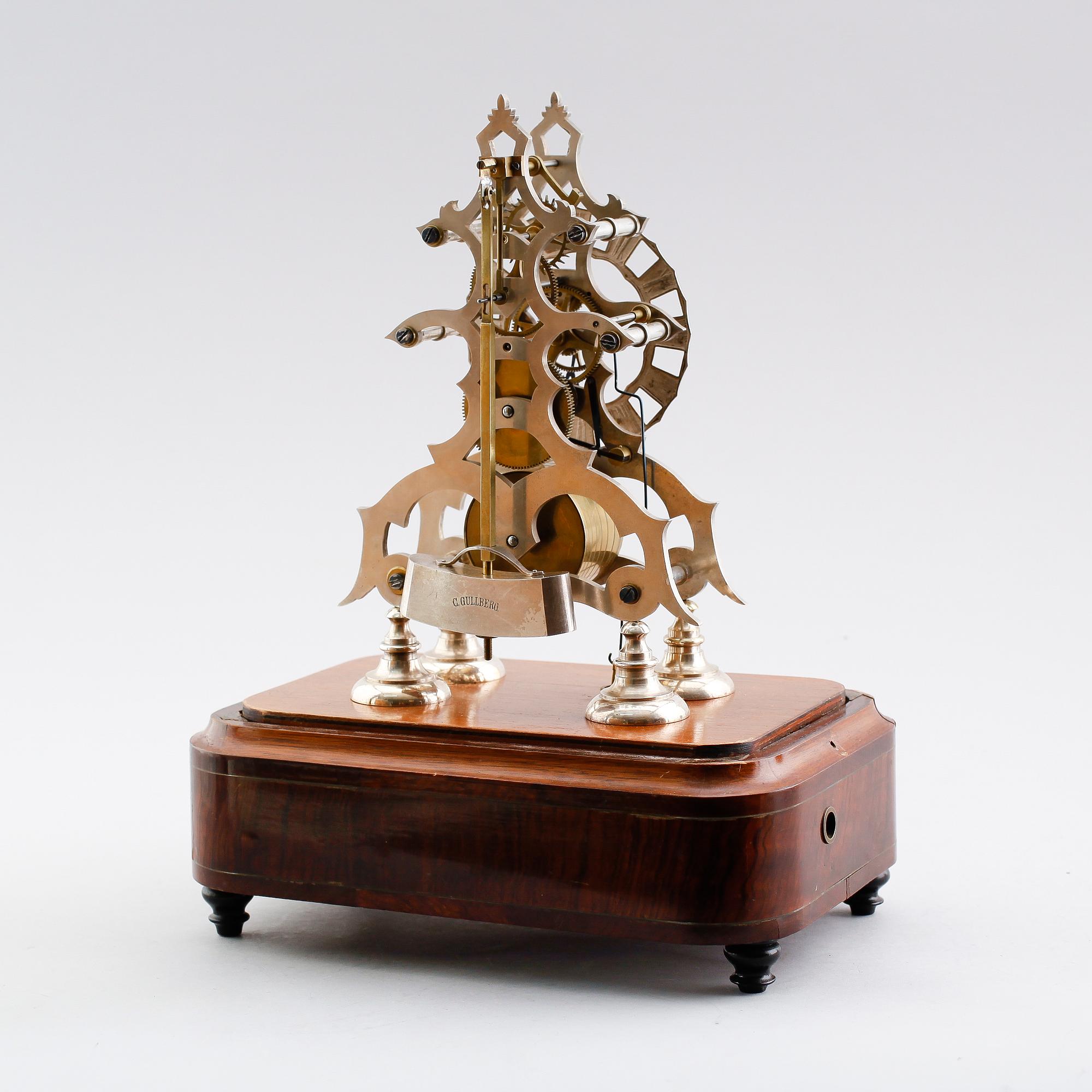 BORDSPENDYL, s k skeletonclock, pendel märkt C Gullberg, med spelverk, omkring år 1900.