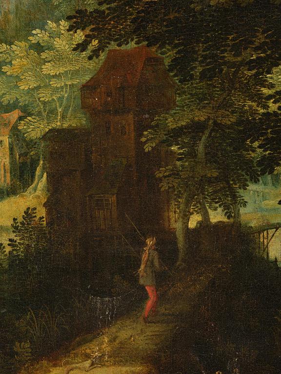 Flemish school, 16th/17th century in the manner of Anton Mirou, Landscape with figure staffage by a village.