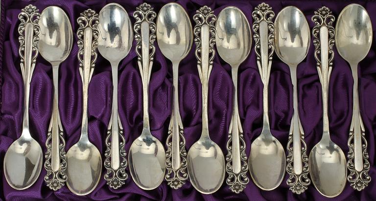 KAFFESKEDAR, 12 st, silver, KSM, Vetlanda, 1957. Vikt 158 g.