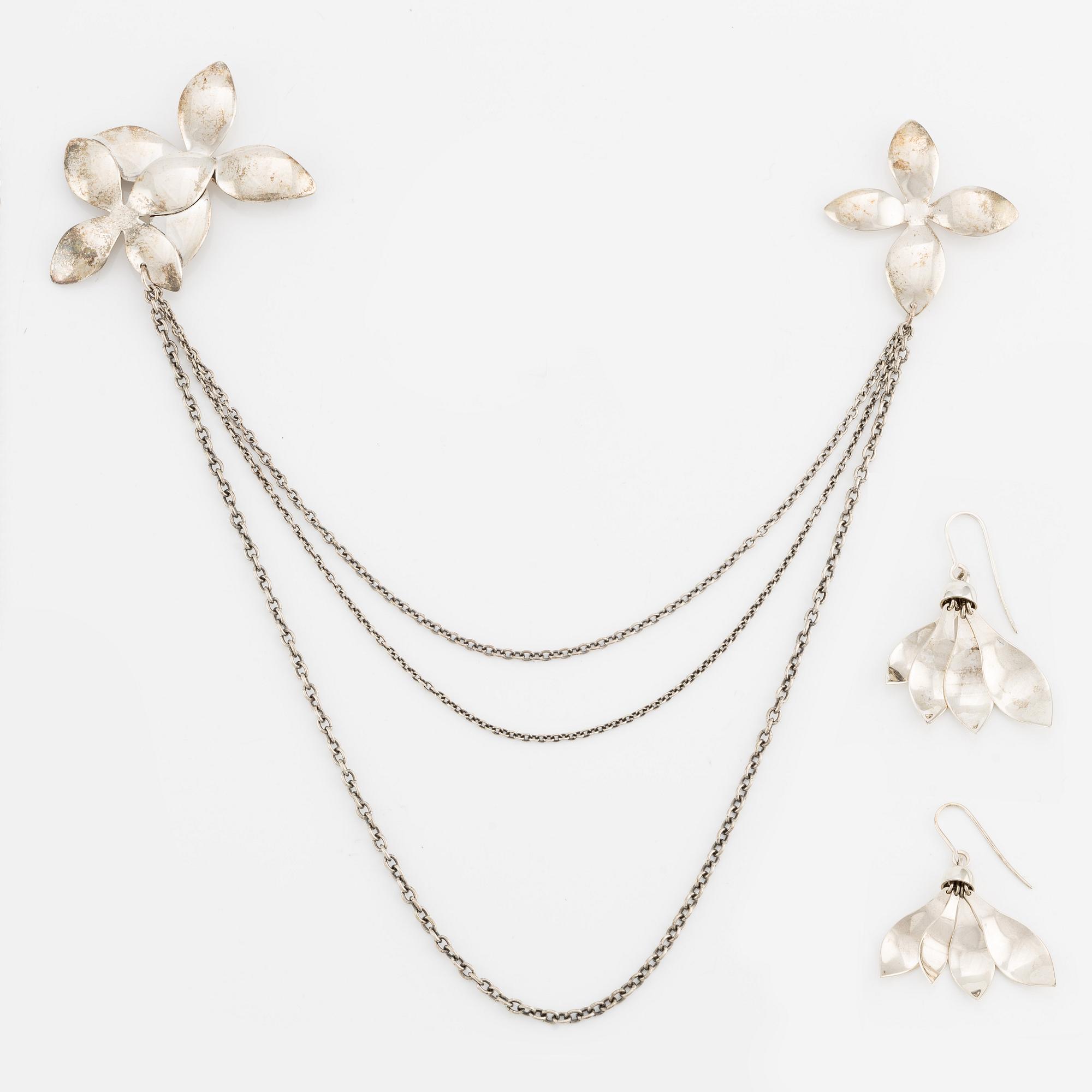 Efva Attling, a pair of earrings, and two collar/brooches, silver.