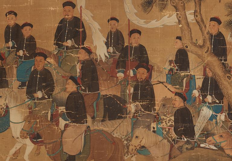 A large hand scroll of an imperial hunting part, Qing dynasty.