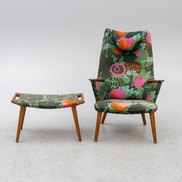 Armchair with footstool, 1950s/60s. Fabric "Tutti Frutti" Sven Fristed, Borås Wäfveri.